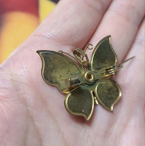 Vintage gold tone enamel orange black butterfly brooch pin / necklace pe… - Picture 8 of 17
